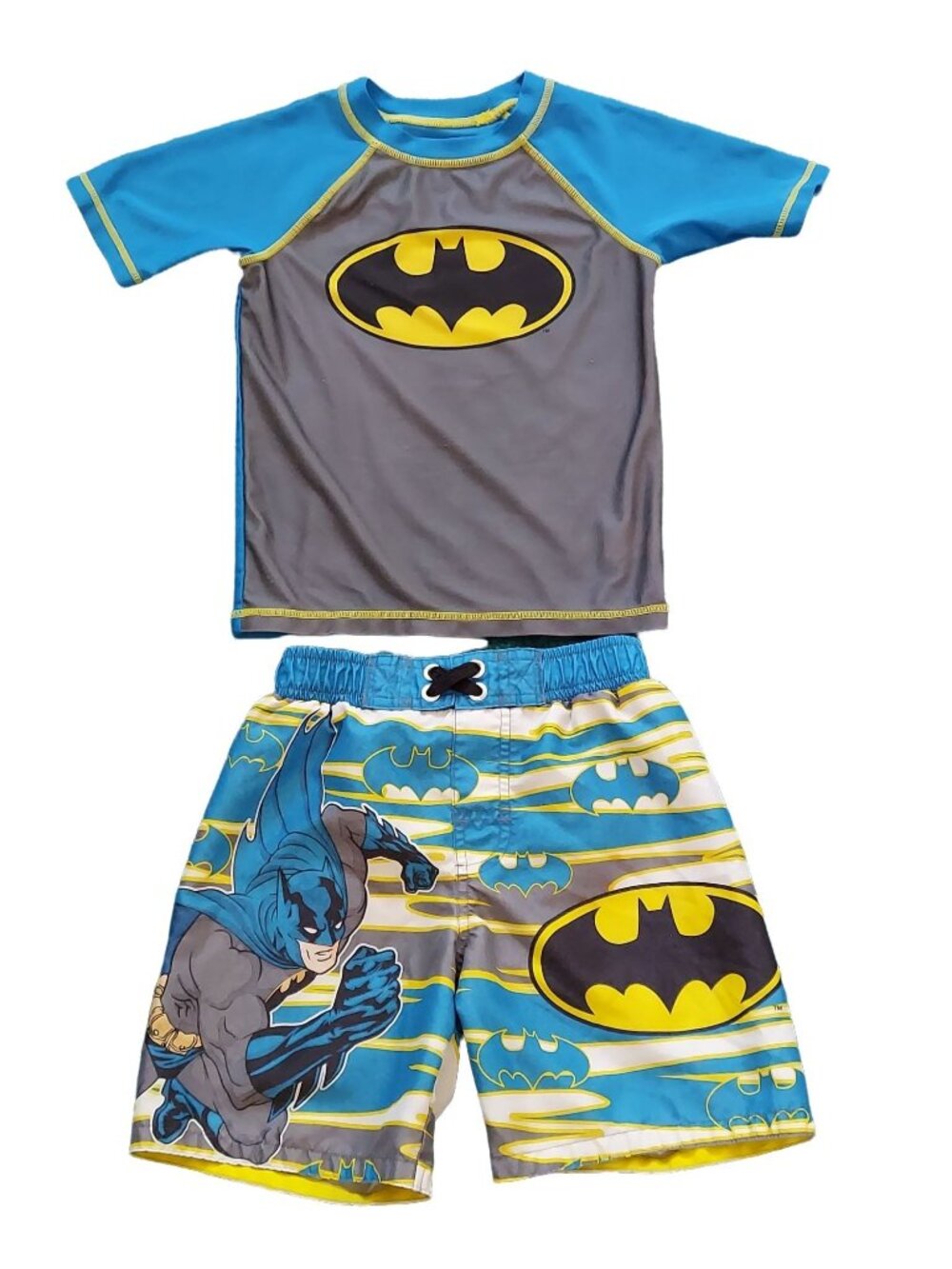 Batman DC Comics Boy's Blue White Yellow Swim Shorts And Shirt Set Size 5